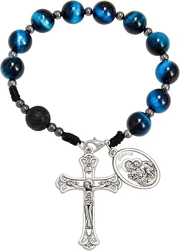 Blue Tiger Eye One Decade Rosary St. Joseph Medal Car Mirror Pocket