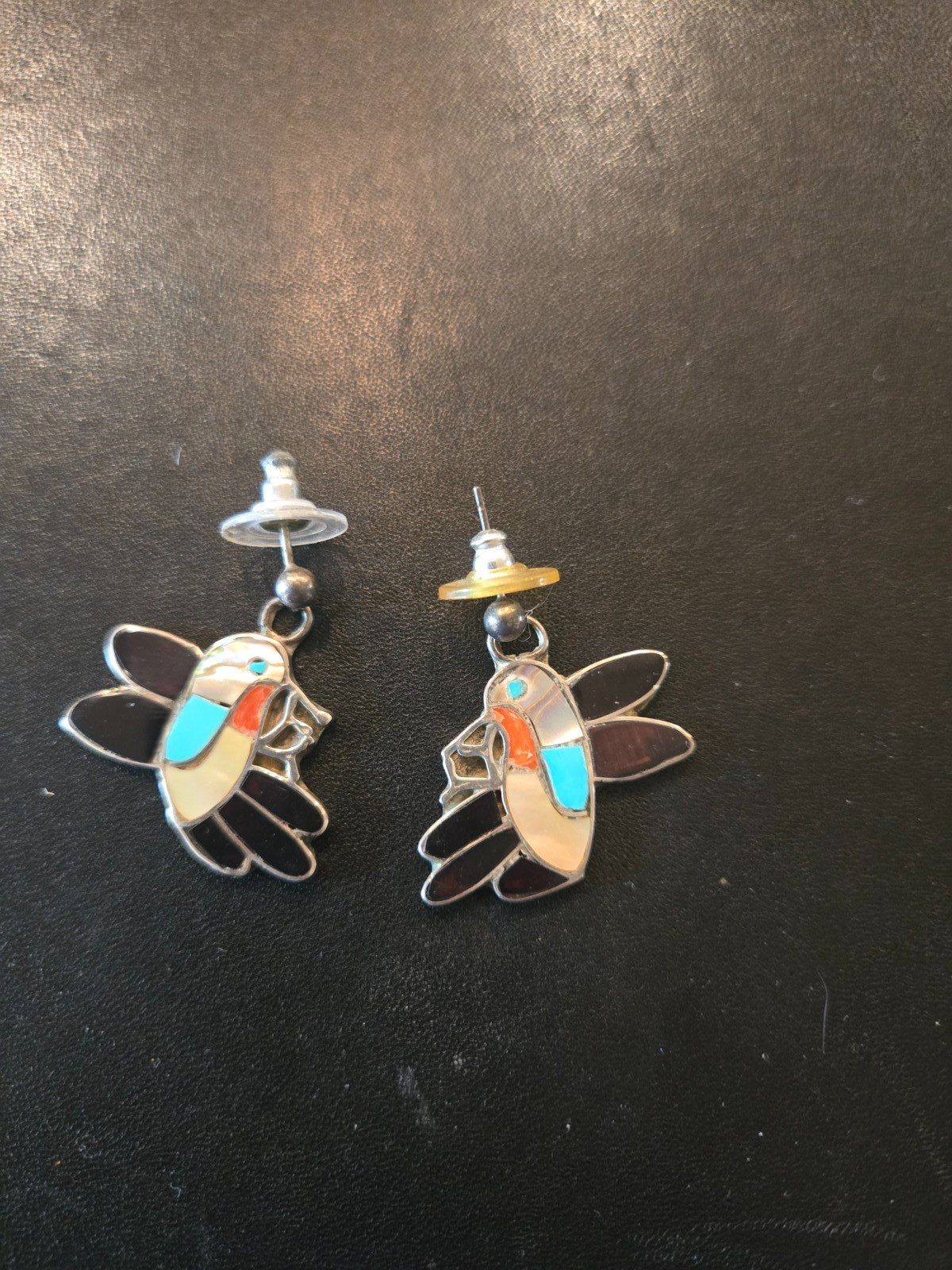 Vintage Signed Zuni Wesley & Ella Gia Multi-Stone Channel Inlay Hummingbird Earr