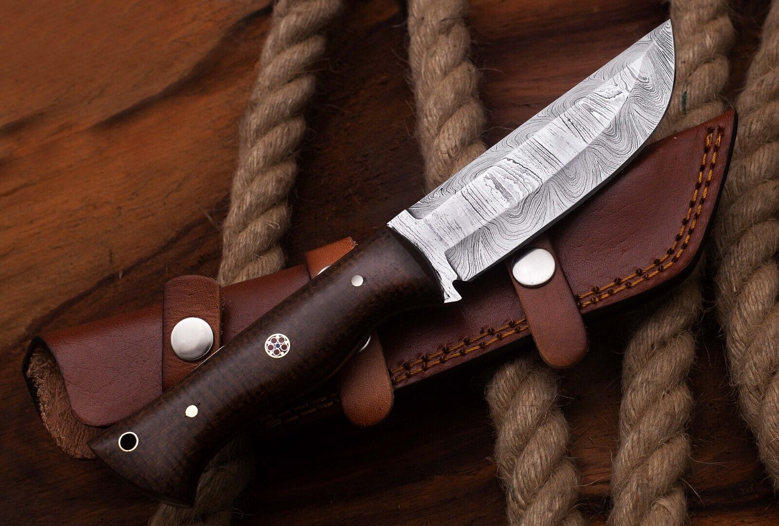 Custom Handmade Damascus Steel Hunting Knife Mukarta Handle With Sheath