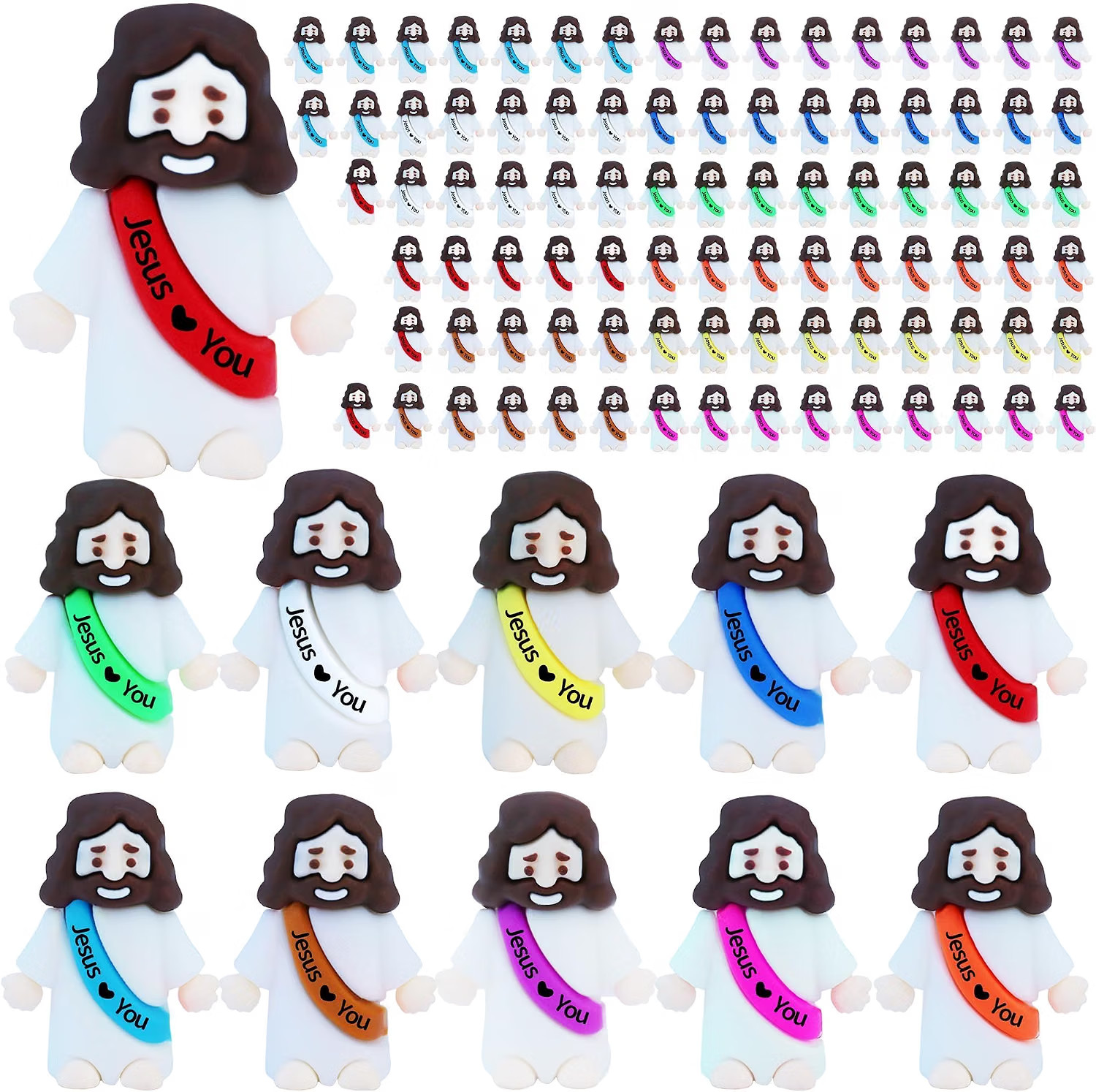 100 Pack Little Jesus Figures Loves You, Tiny Mini Jesus Figurines Rubber Bulk