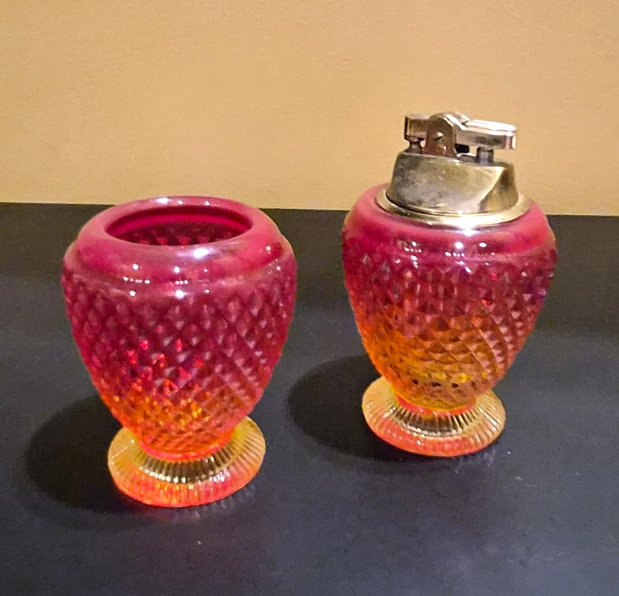 Vintage UV Reactive Amberina Glass Table Lighter Cigarette Holder Set MCM