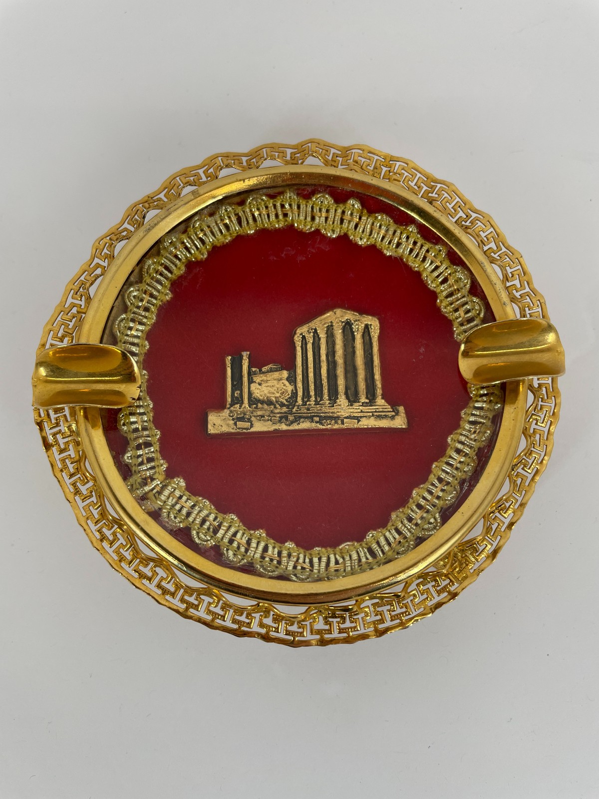 Vintage Gold Tone Greek Parthenon Pedestal Ashtray Decorative Souvenir