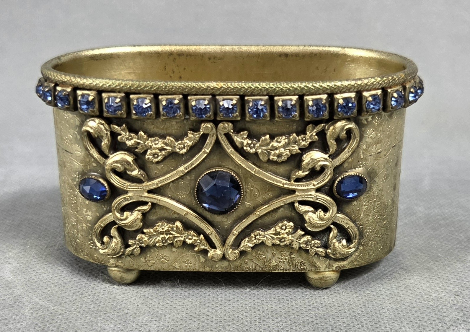 Vintage E. & J. B. EMPIRE ART Goldtone BLUE JEWELED Footed TRINKET VASE