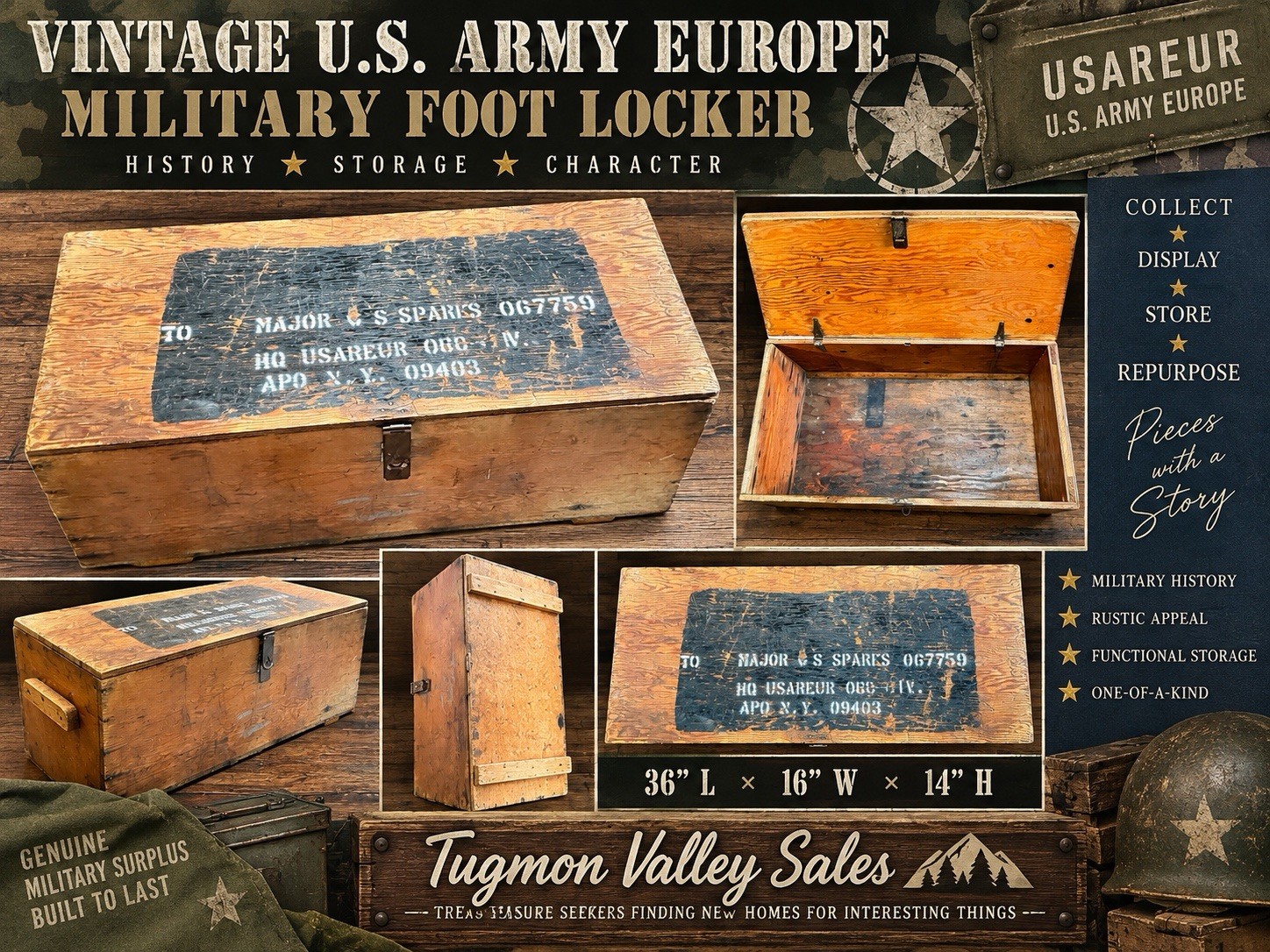 Vintage USAREUR U.S. Army Europe Military Wood Foot Locker Trunk 36” Original
