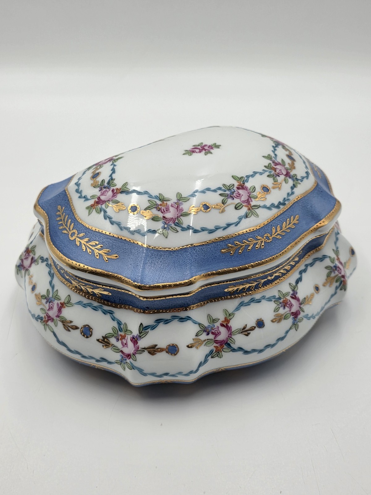 ​Vtg Limoges China Hand Painted Porcelain Large Dresser Powder Box Cobalt Gold