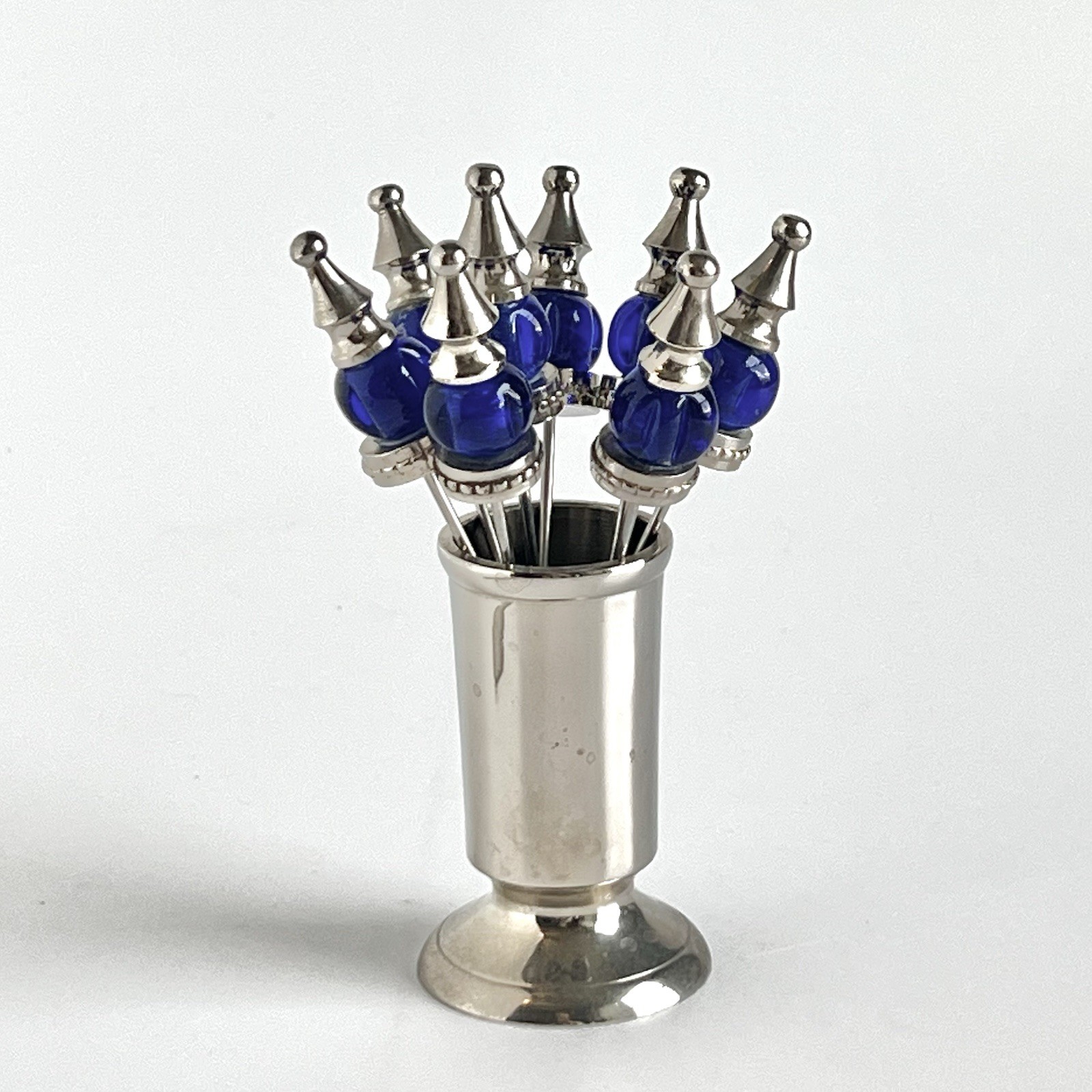 Cocktail Picks Set 8 Cobalt Blue Glass Chrome Holder MCM Barware Vintage Cocktail Picks Set 8 Cobalt Blue Glass Chrome Holder MCM Barware Vintage