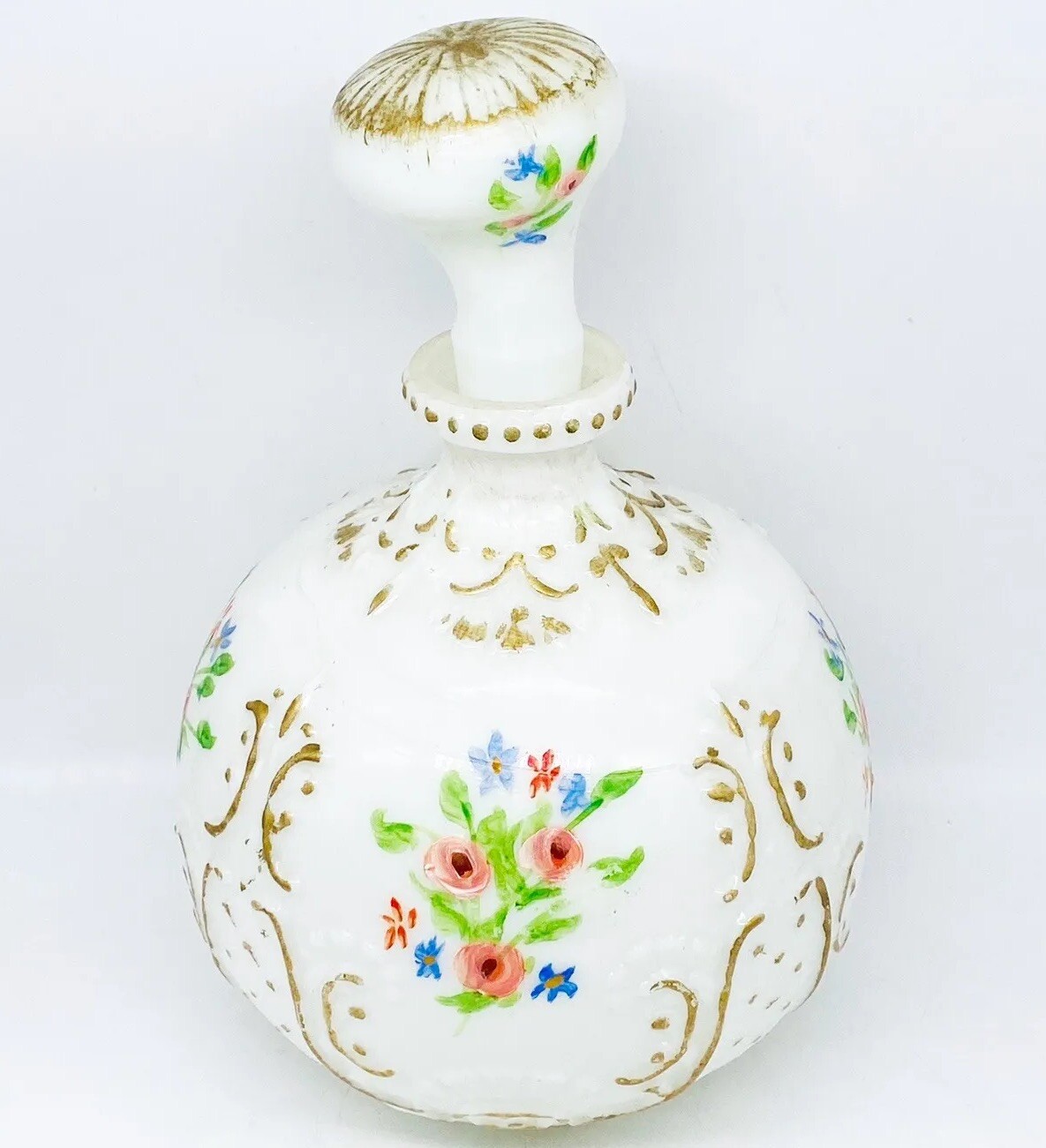 Victorian Dithridge Hand Painted Opaque Milk Glass Barber Bottle & Stopper 9”H