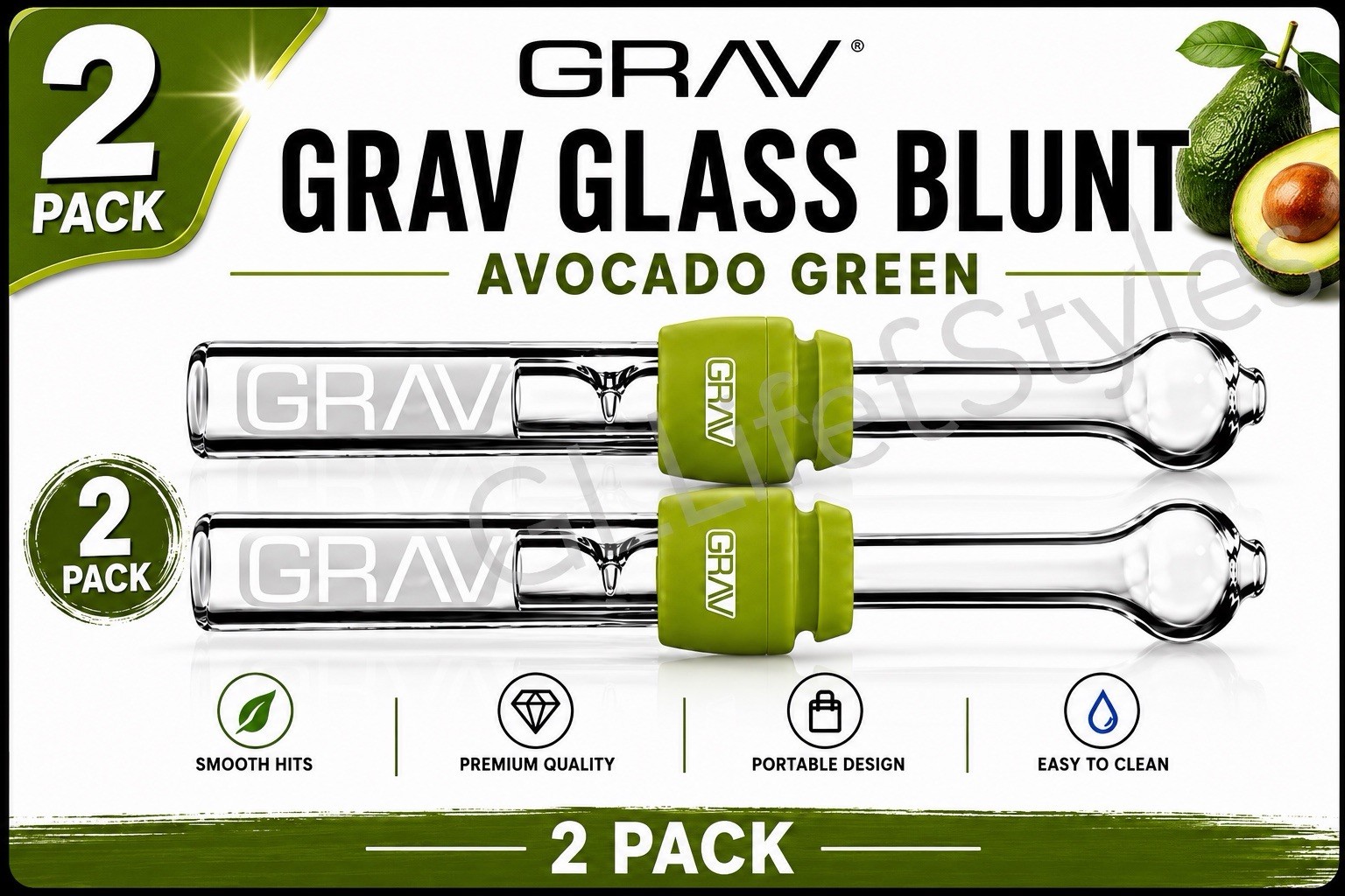 GRAV® 2-PACK of GLASS BLUNTS WITH SILICONE GROMMET, 4” EASY CLEAN DESIGN, GREEN GRAV® 2-PACK of GLASS BLUNTS WITH SILICONE GROMMET, 4” EASY CLEAN DESIGN, GREEN