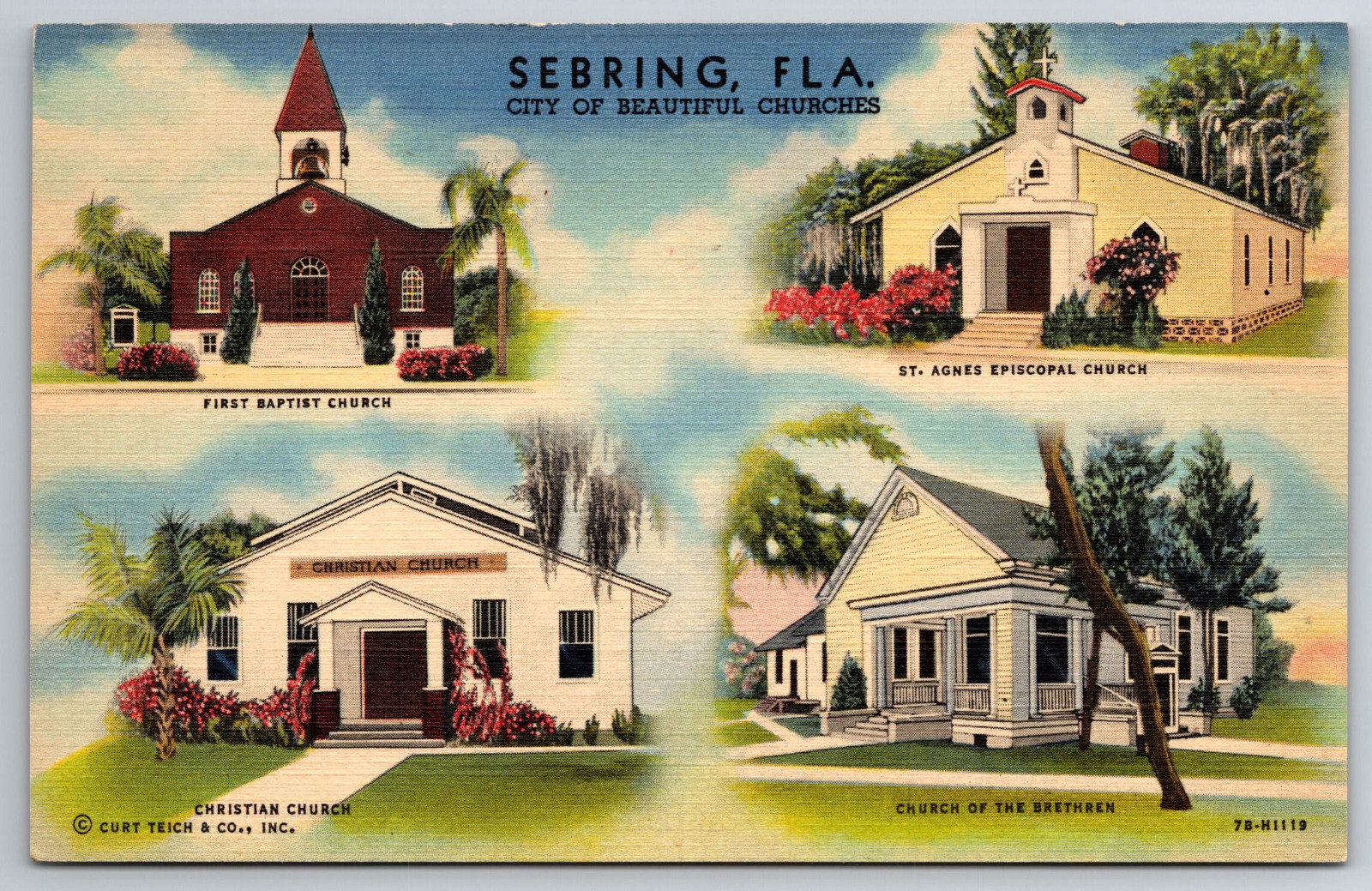 Vintage Postcard FL Sebring Churches Multi View -3870