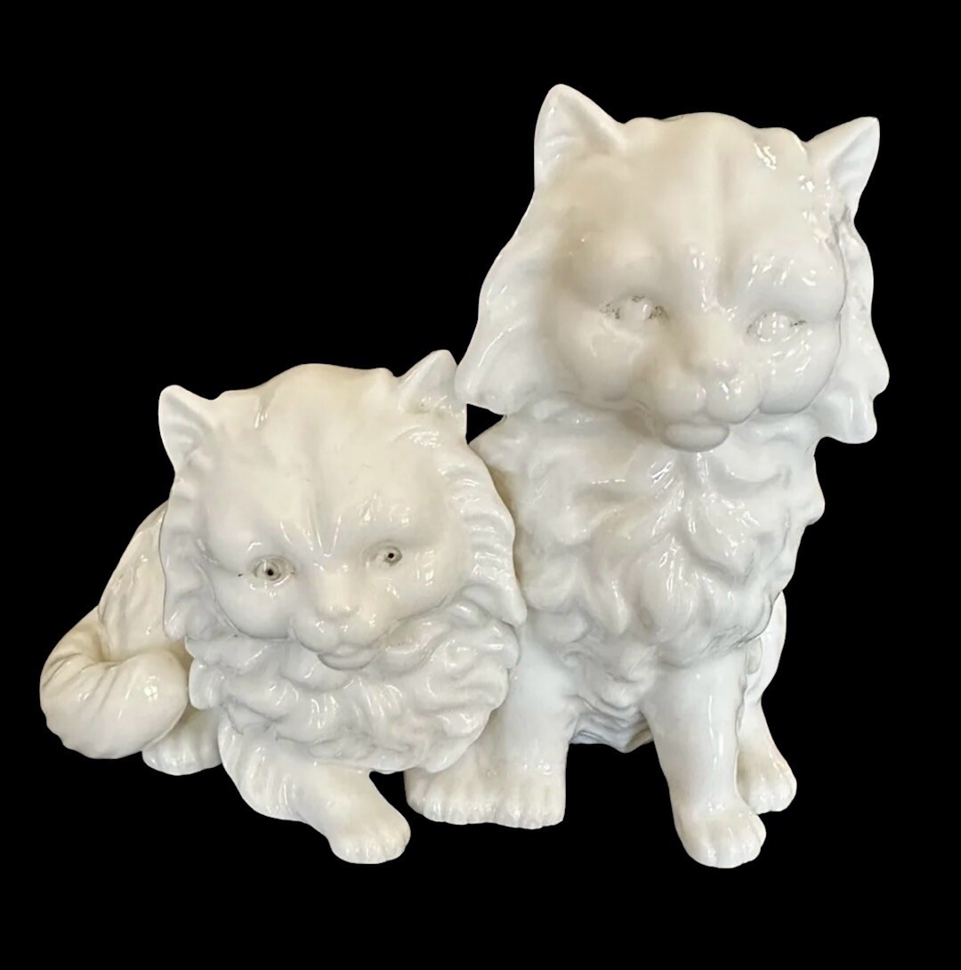 Vintage 2 White Sitting Cats Porcelain Glossy Finish Long Hair Figurines Small