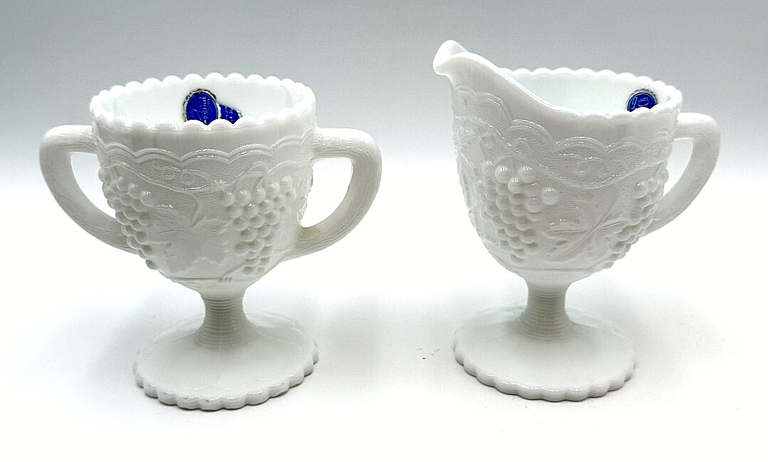 IMPERIAL GLASS Milk Glass Grape Footed Creamer & Sugar Bowl Original Stickers