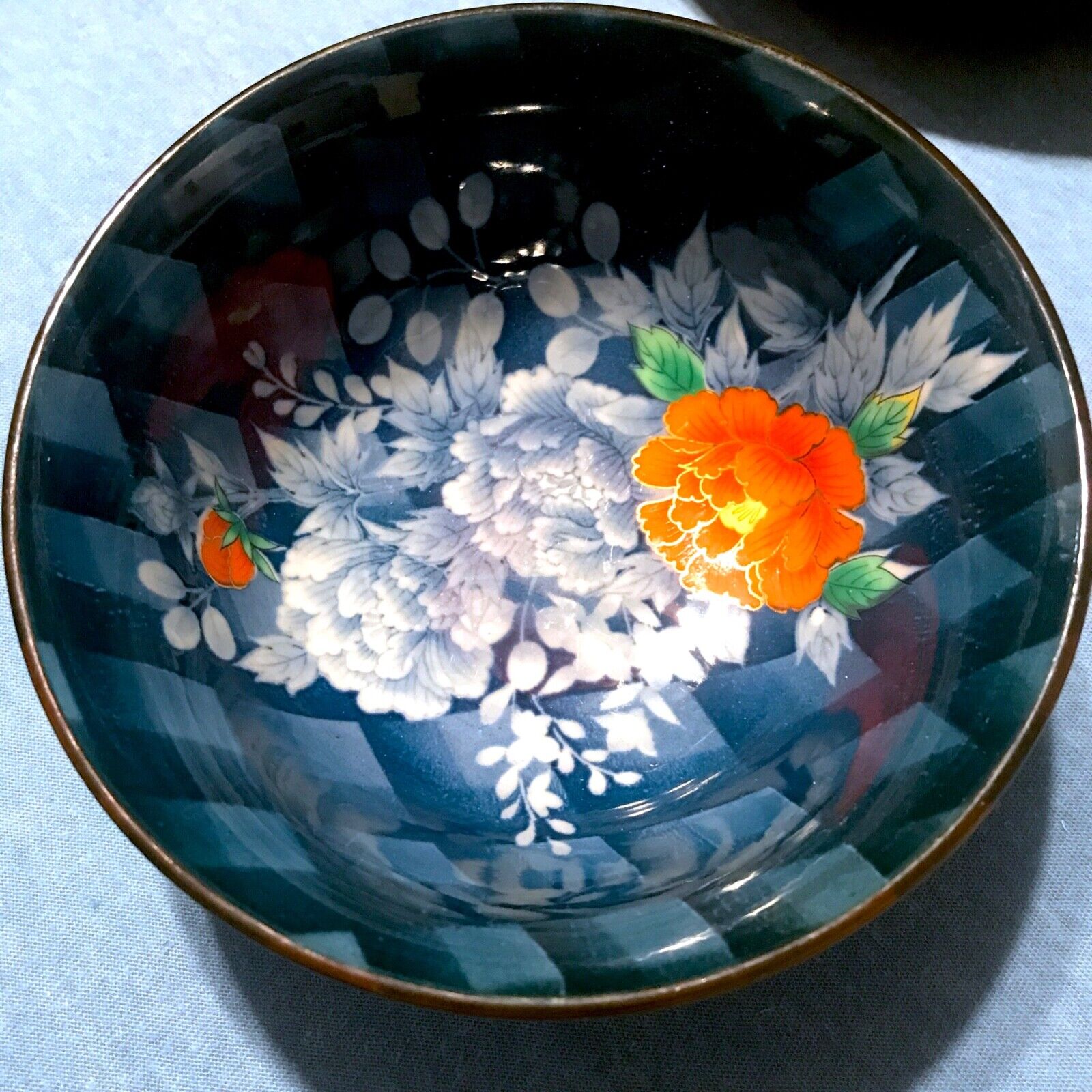 Japanese Porcelain Blue Cross Pattern Floral Rice Bowl Dish -Visually Pleasing