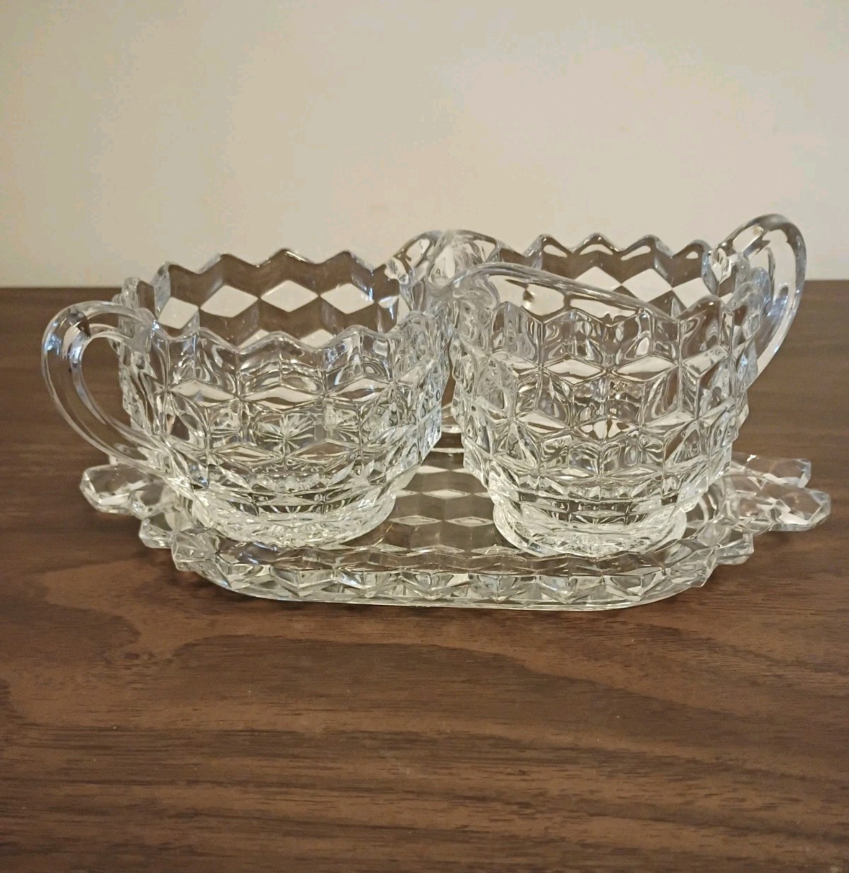 Vtg American Fostoria Clear Pressed Glass Creamer-Open Sugar Bowl & Tray Set
