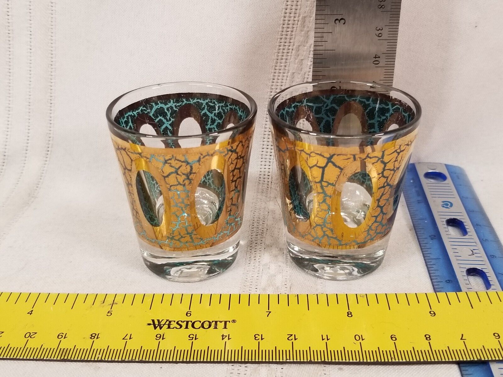 2 Culver Pisa Shot Glass Vintage Mid Century Gold Emerald overlay Color 1 oz