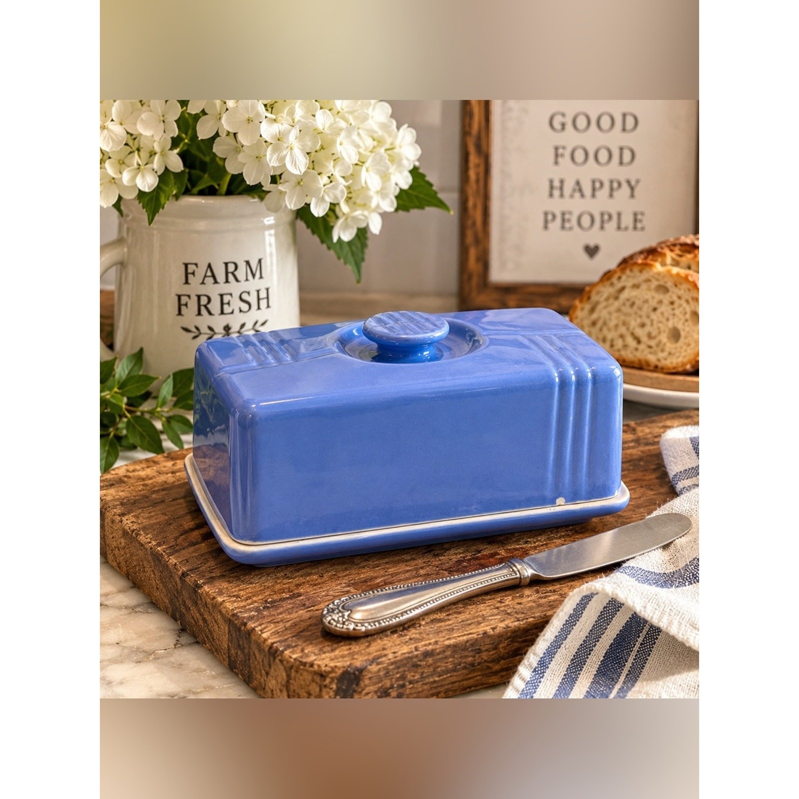 Vintage Westinghouse Hall China Blue Covered Butter Dish Art Deco USA