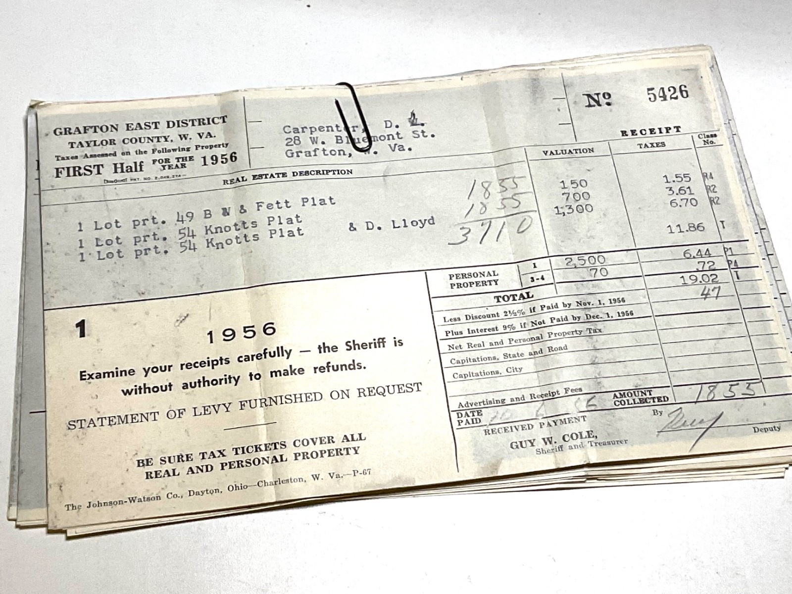 Lot of 19 Vintage West Virginia Property Tax Receipts Grafton Taylor County