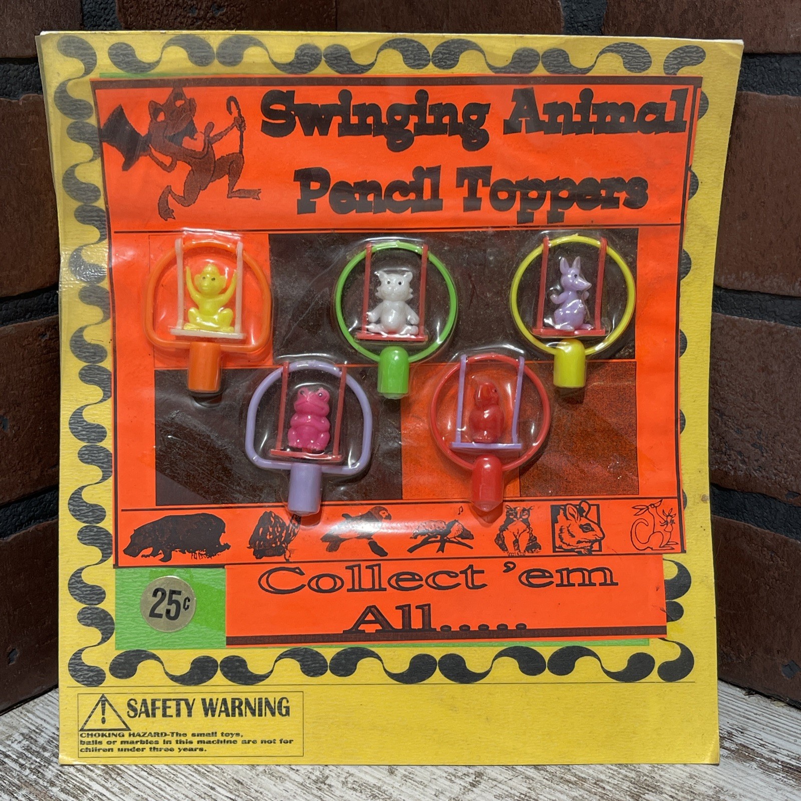 Vending Machine Swinging Animal Pencil Toppers On Display Card SEALED Vintage