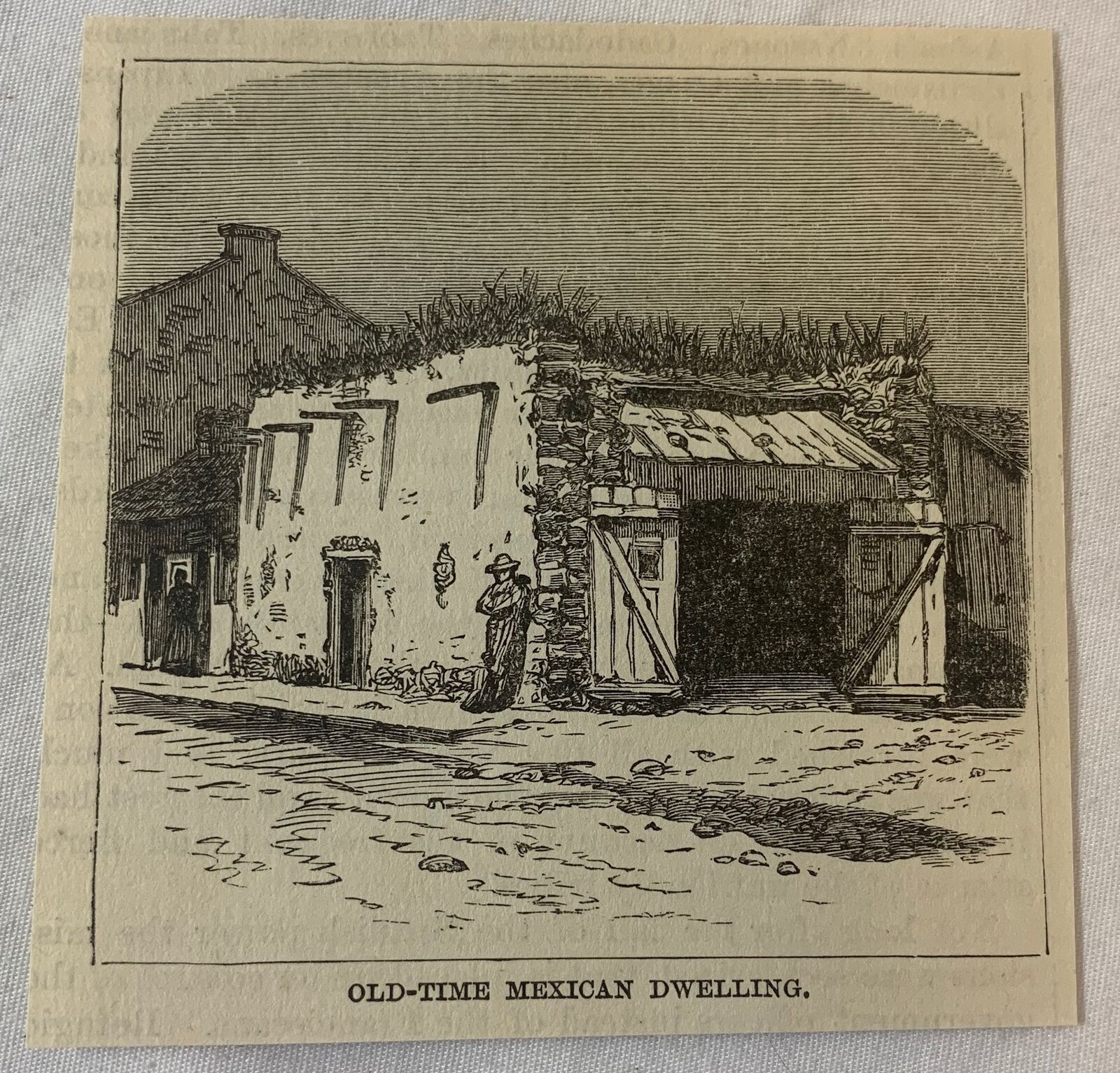 small 1883 magazine engraving ~ OLD TIME MEXICAN DWELLING