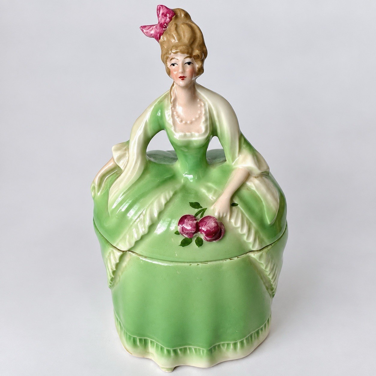 Antique E&R Germany Madame Pompadour Dresser Doll Green Powder Trinket Box