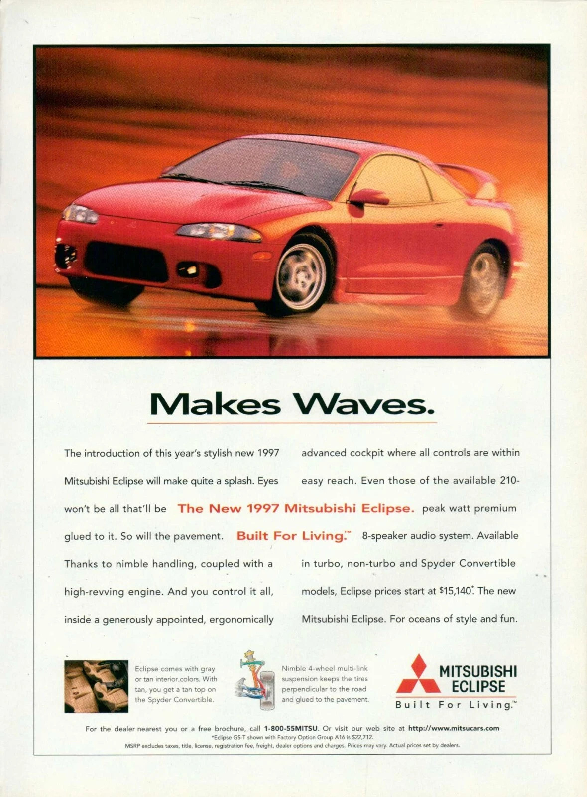 1997 Mitsubishi Eclipse Vintage Red Make Waves Original Print Ad 8.5 x 11