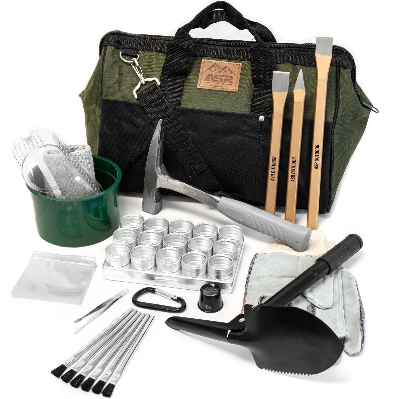 ASR Outdoor 13pc Beginner Geology Rock Hounding Kit with Mining Tools and Carry