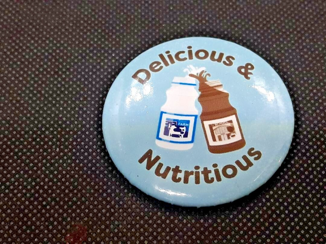 Vintage Delicious & Nutritious Milk Dairy Button Pin ~ Ships FREE