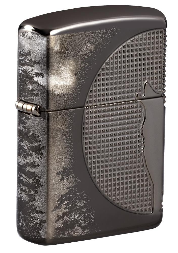 Zippo 49353,  Howling Wolf & Moon Deep Carve Armor Lighter, Black Ice Finish
