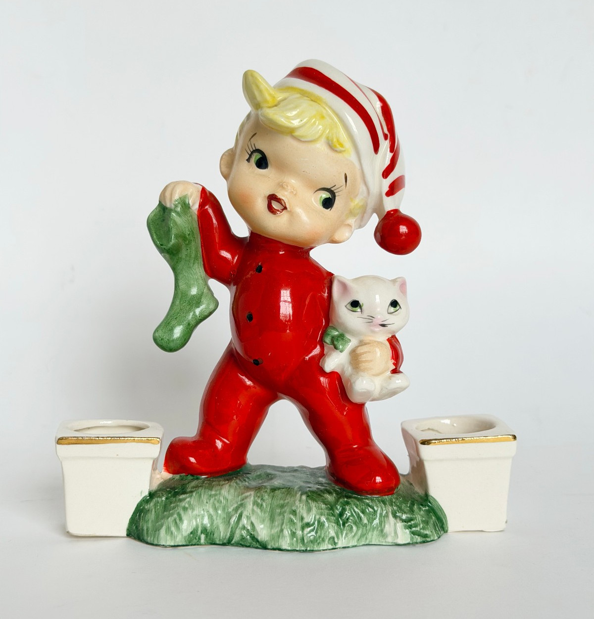 VTG Norcrest Christmas Boy Kitten Candle Holder 1950s Candy Cane Japan