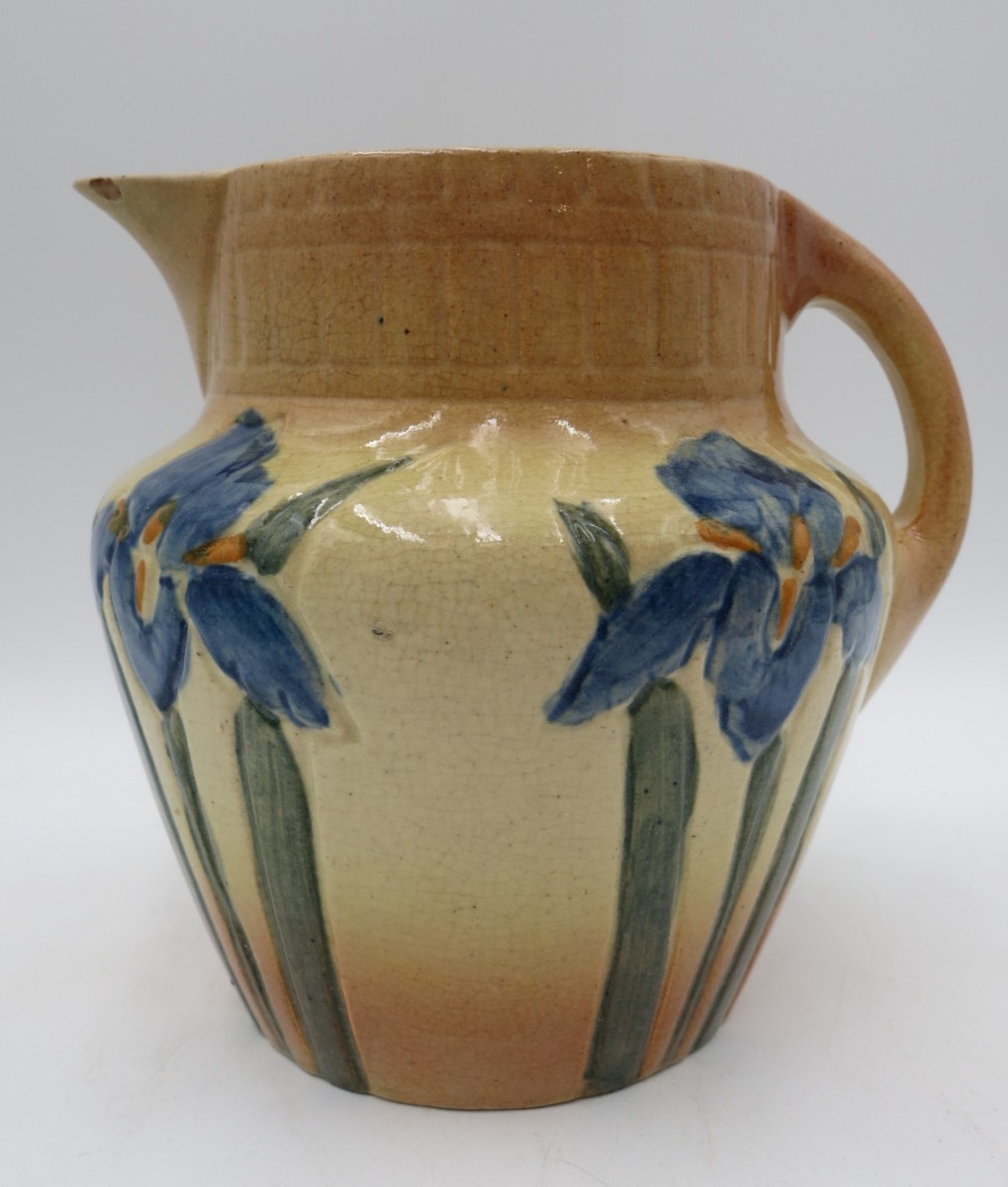 ROSEVILLE EARLY WARE ANTIQUE PURPLE BLUE IRIS POTTERY PITCHER JUG READ