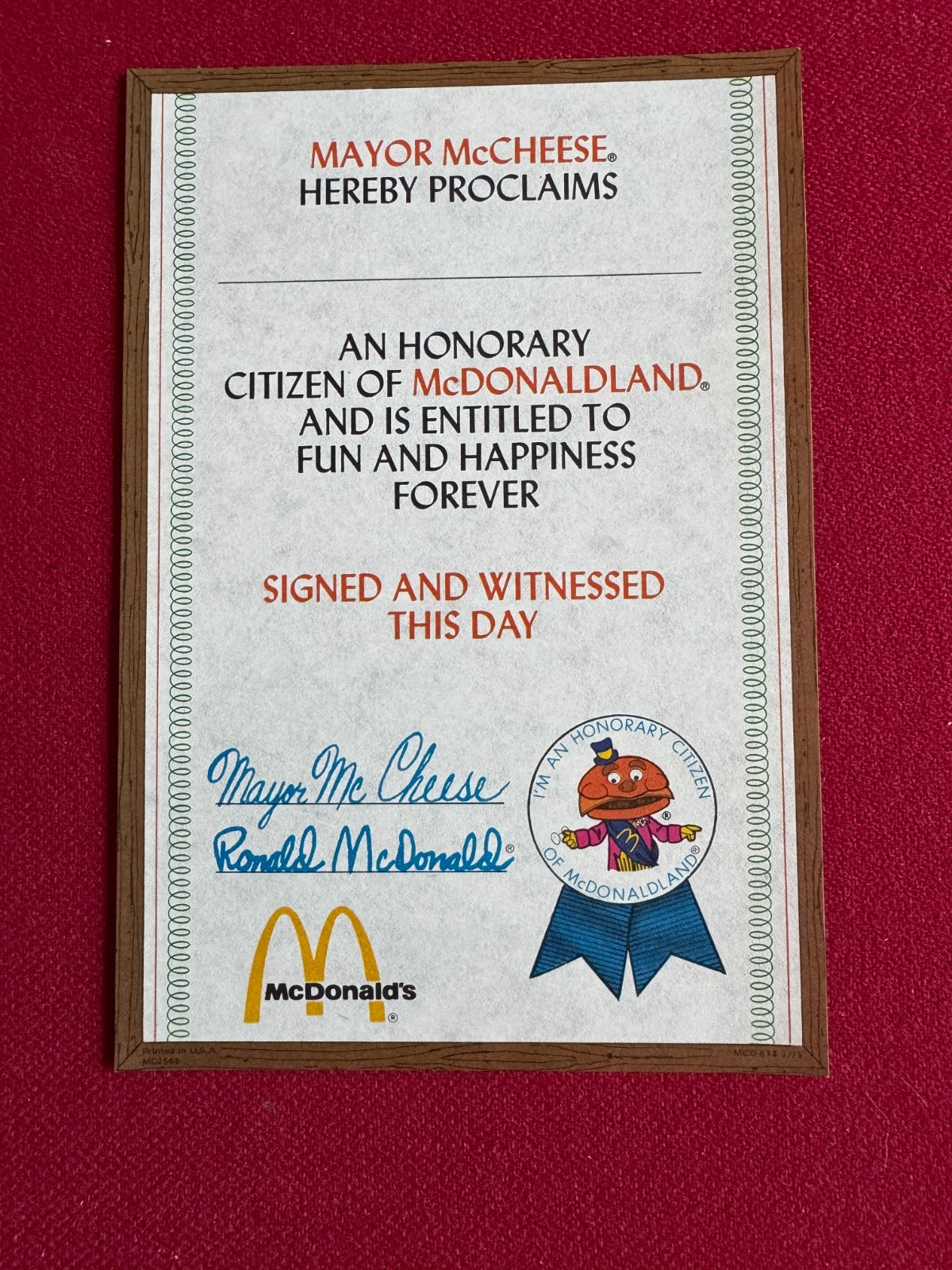 1970\'s, McDonald\'s, McDONALDLAND HONORARY CITIZEN AWARD (Scarce / Vintage)