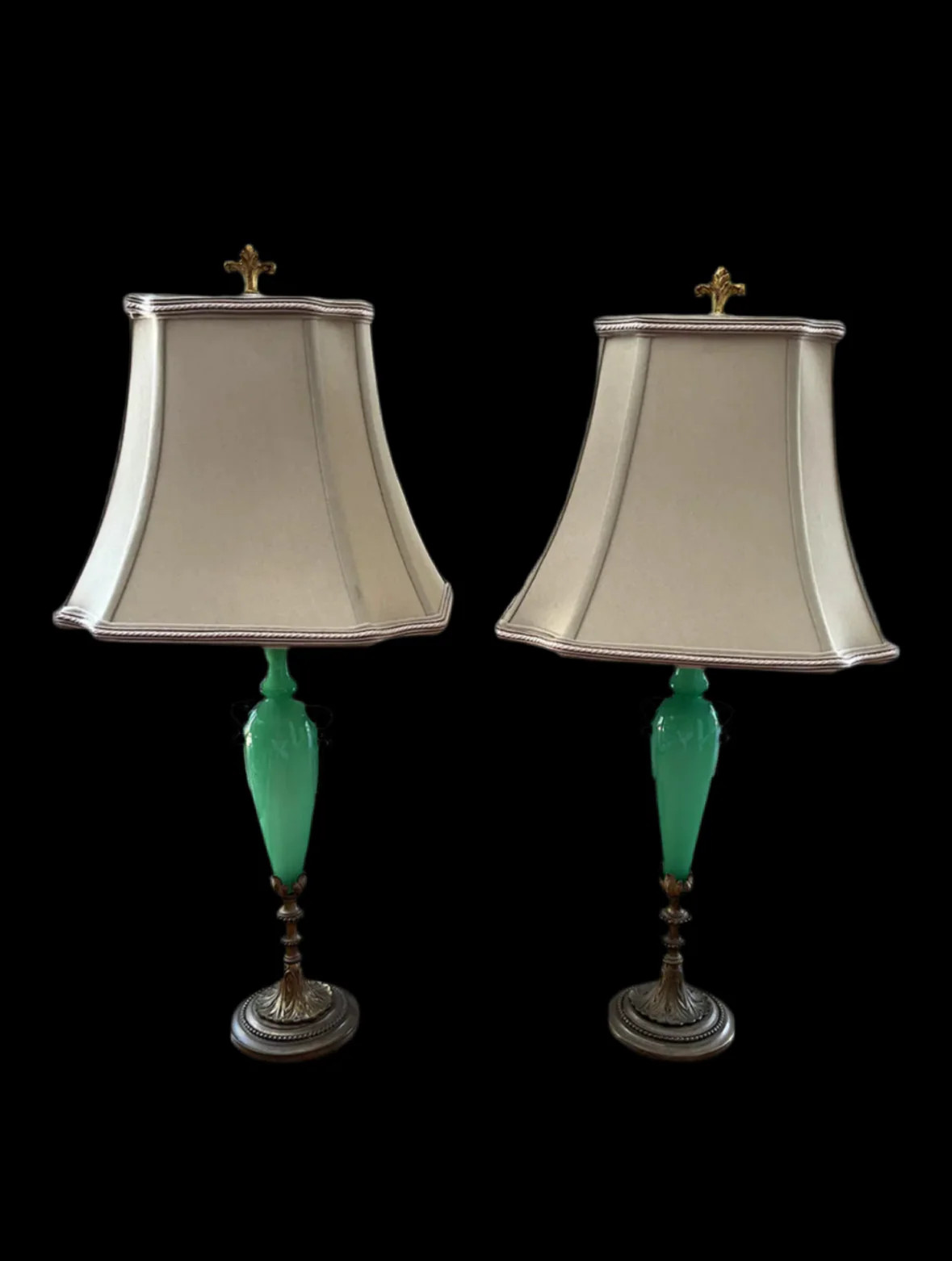 Antique Steuben Green Apple Glass Lamps by Carder Steuben - a Pair