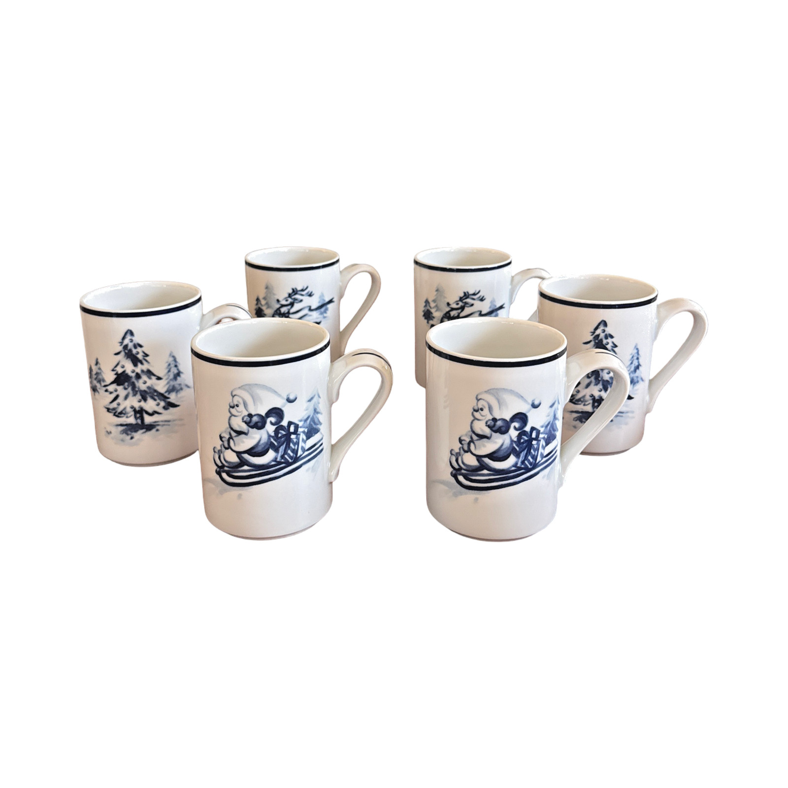 Vintage Dansk Bistro Christmas Mugs Set of 6 Santa Reindeer Trees 12 oz 4\