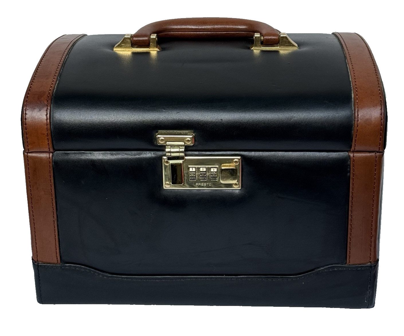 Vintage Black Leather Train Case Jewelry Box Valet Chest Trunk Brown Trim 12