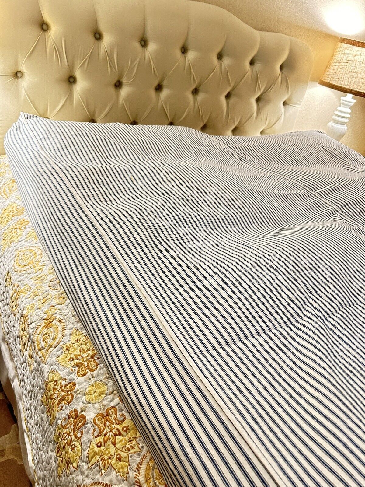Rare Find Vintage Handmade Blue & White Ticking Feather Mattress COVER 54x78