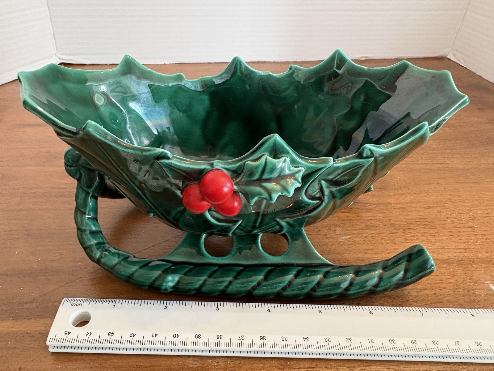 Vintage Lefton Green Ceramic Holly Berry Christmas Sleigh Planter Candy Dish