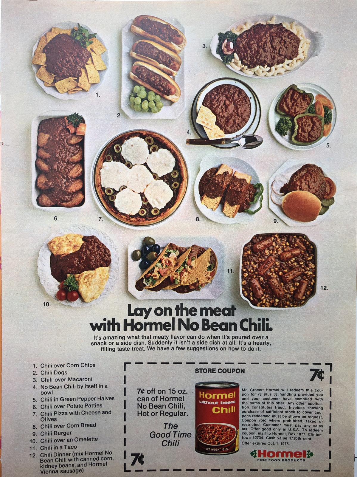 1974 Hormel Chili PRINT AD Canned No Bean Good Time - Lay On The Meat VTG 1970s