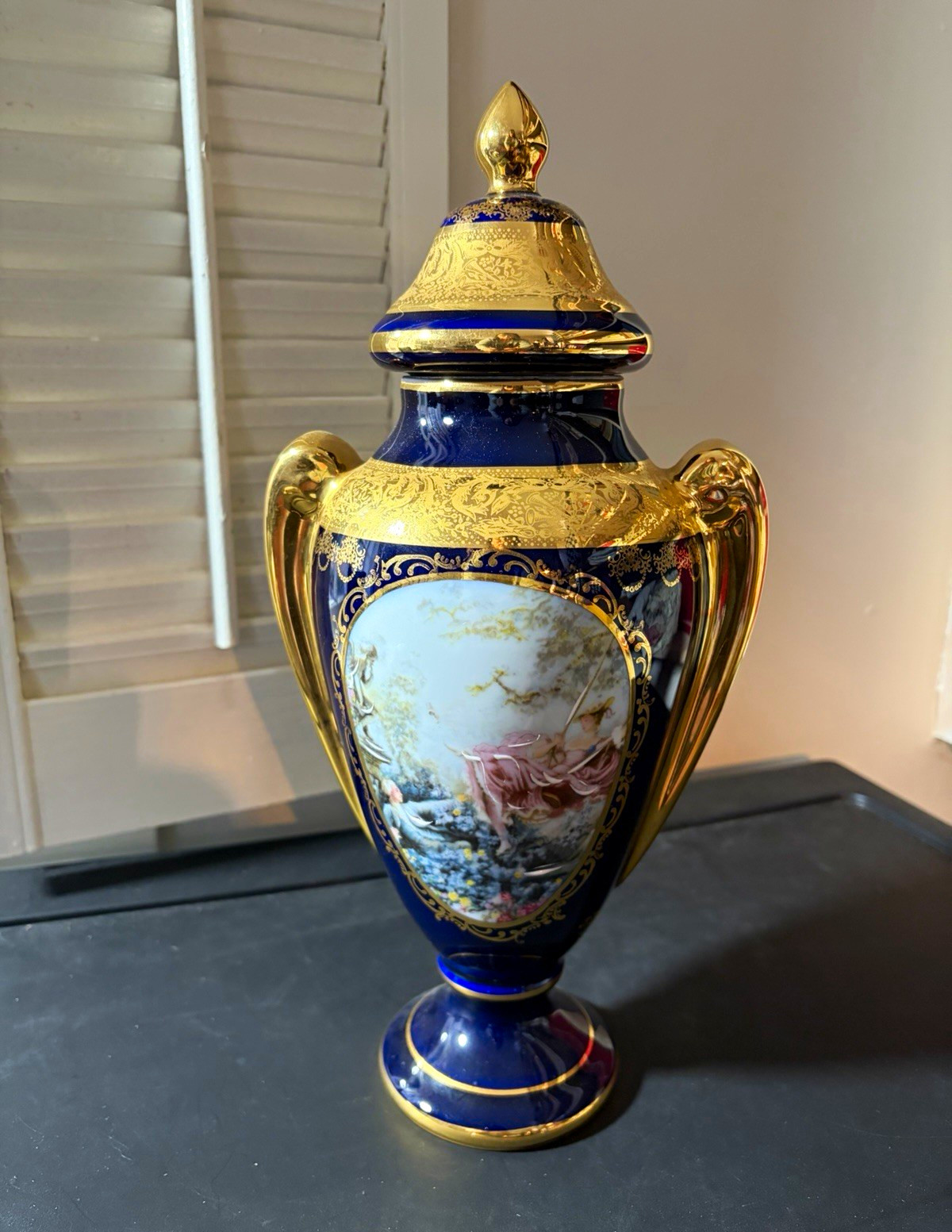 VINTAGE 1990’s Limoges France Blue Gold White Porcelain Lidded Urn w/ Handles 