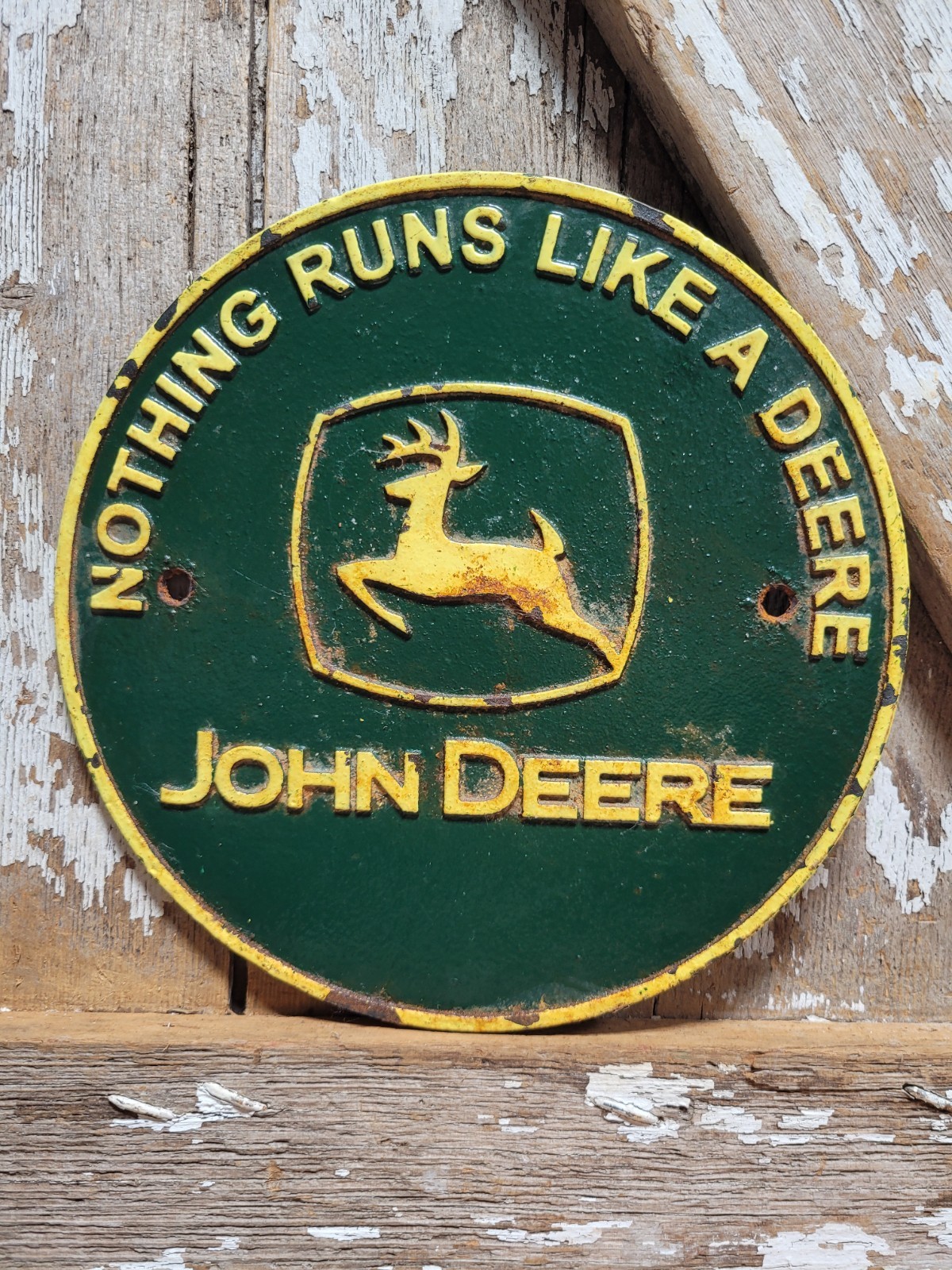 VINTAGE JOHN DEERE SIGN OLD CAST IRON PLAQUE FARM TRACTOR EQUIPMENT DEER BARN 9\