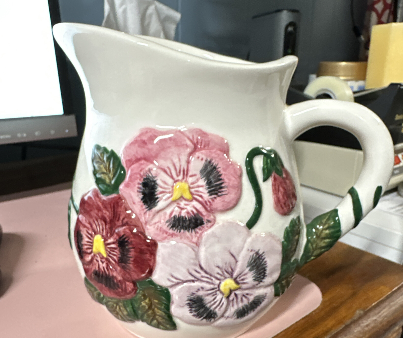 CBK Limited Pansy 3D Whimsy Granny Pitcher Vintage Burgundy Pink 6x7
