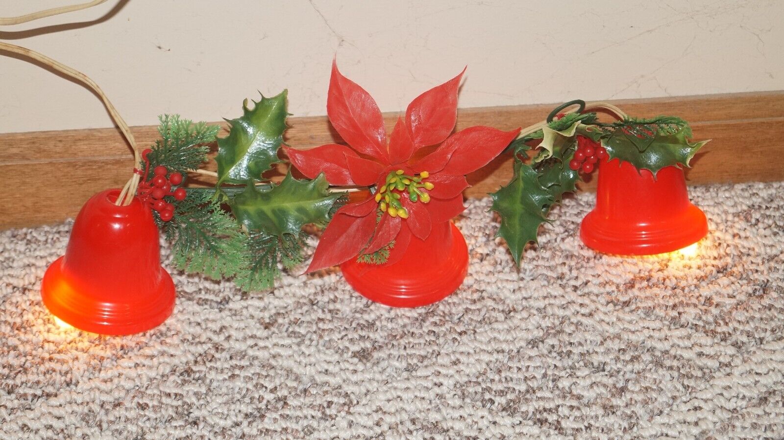 Vintage 3 Lighted Electric Christmas Holiday Bells Decor with Poinsettia