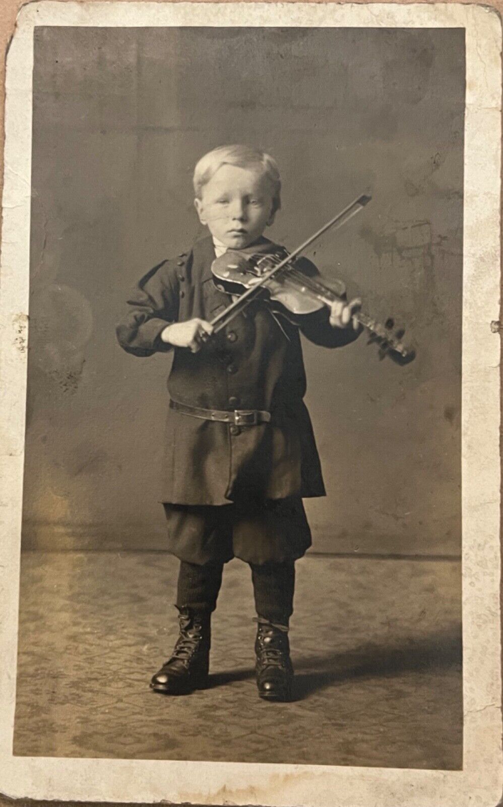 RPPC Little Boy Plays Violin Darling Antique Real Photo Postcard c1910
