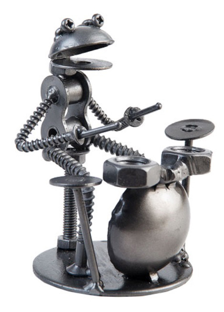 Frog Drummer Hand Crafted Recycled Metal  Rock Band Art Sculpture Figurine  