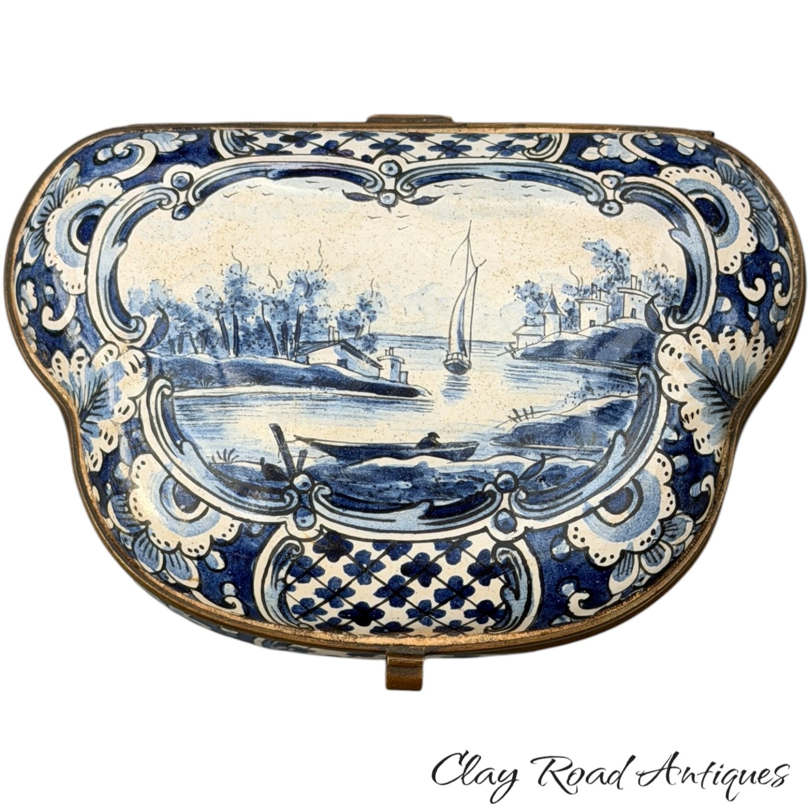 Antique Delft Blue & White porcelain 19th provenance Box Brass Hand Painted Antique Delft Blue & White porcelain 19th provenance Box Brass Hand Painted