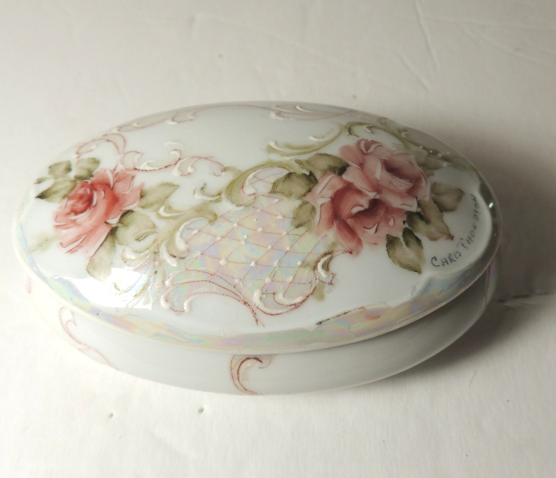 Oval Limoges Trinket Box Hand Painted Pink Roses Vintage France