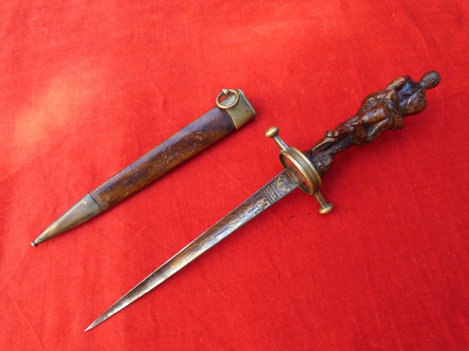 STUNNING ANTIQUE FIGURAL ROMANTIC DAGGER MALE WRESTLING NUDITY Hand Carved Wood