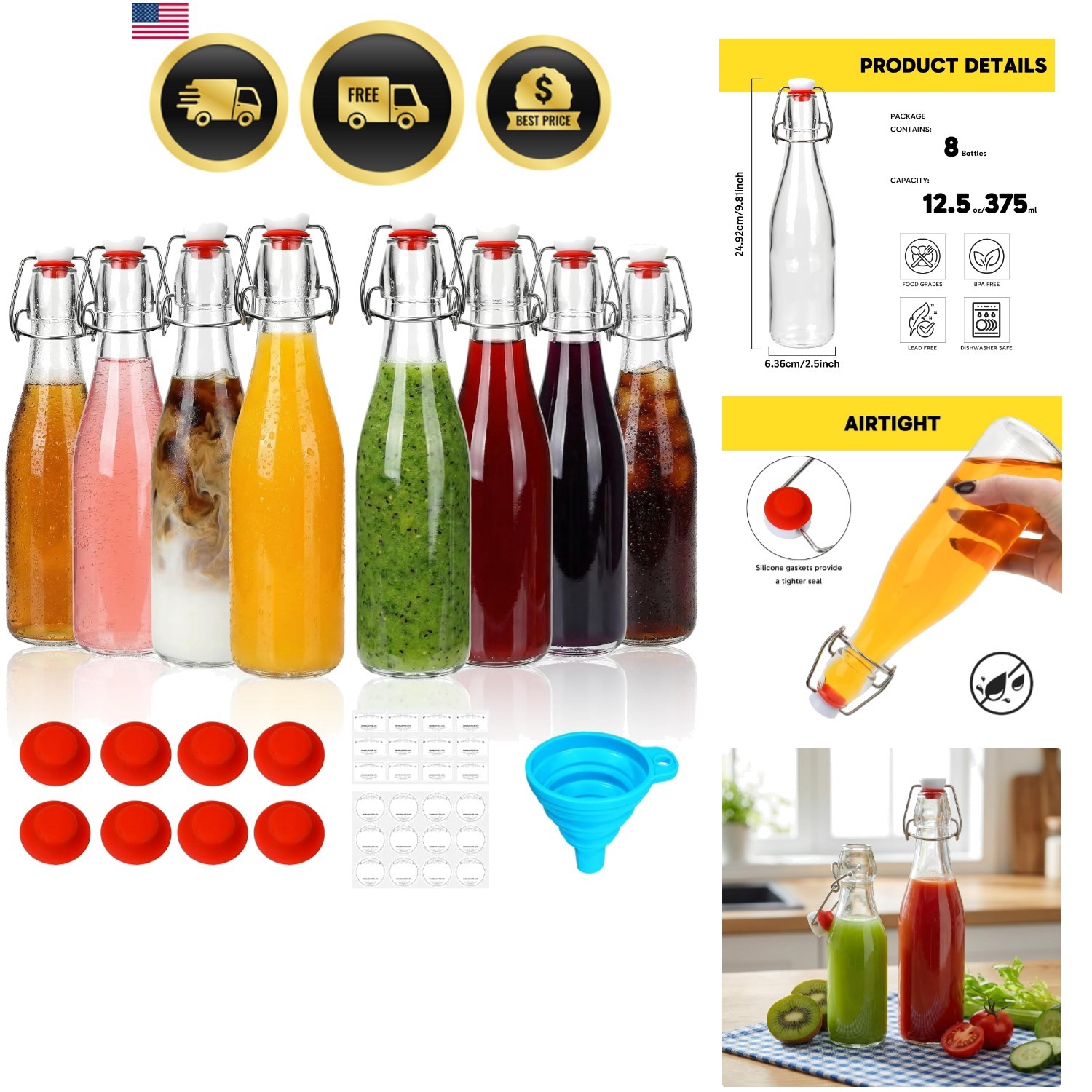 8 Pack 12oz Glass Swing Top Bottles with Airtight Lids