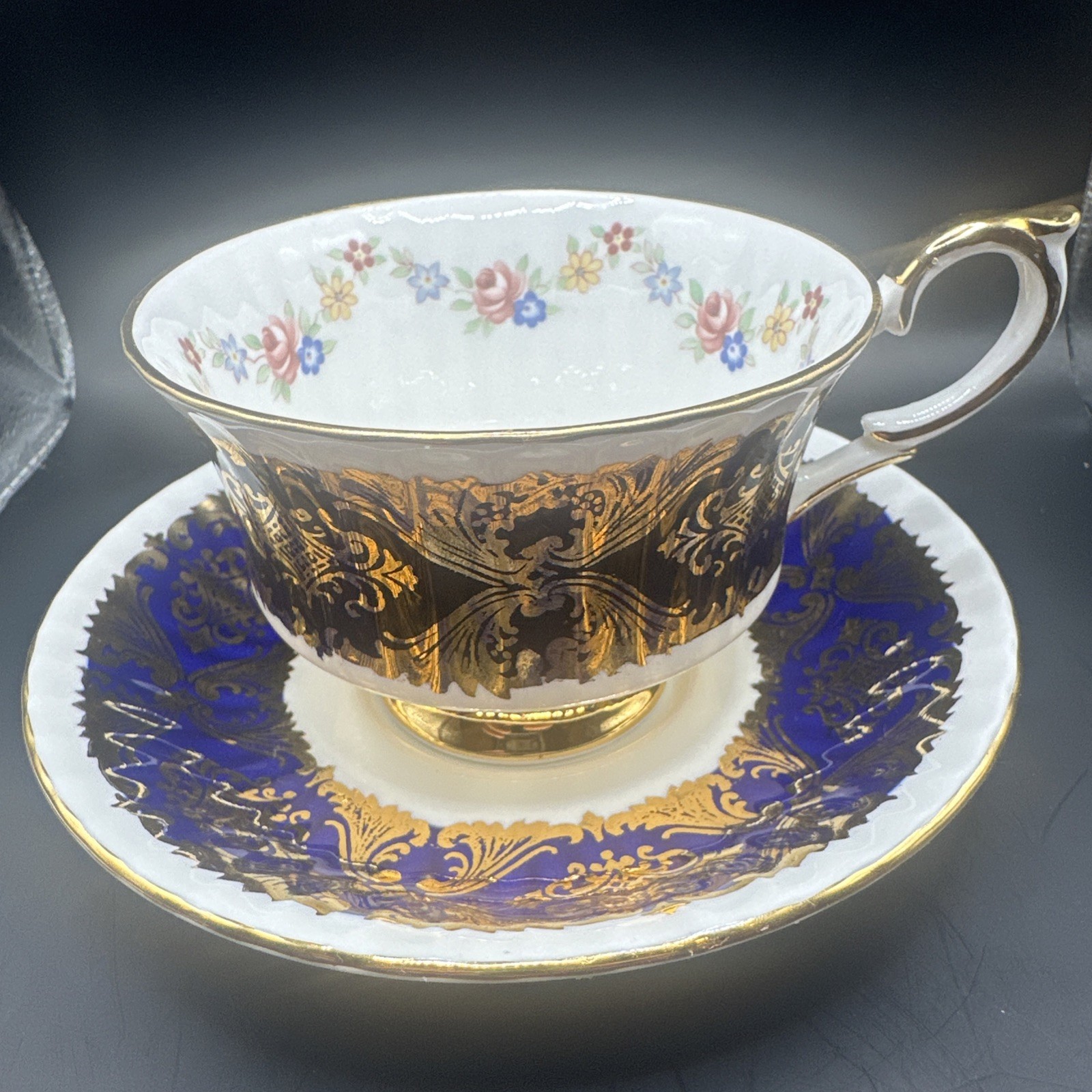 Vintage Paragon Pembroke Cup and Saucer Blue Black Gold Trim Queen Bone China