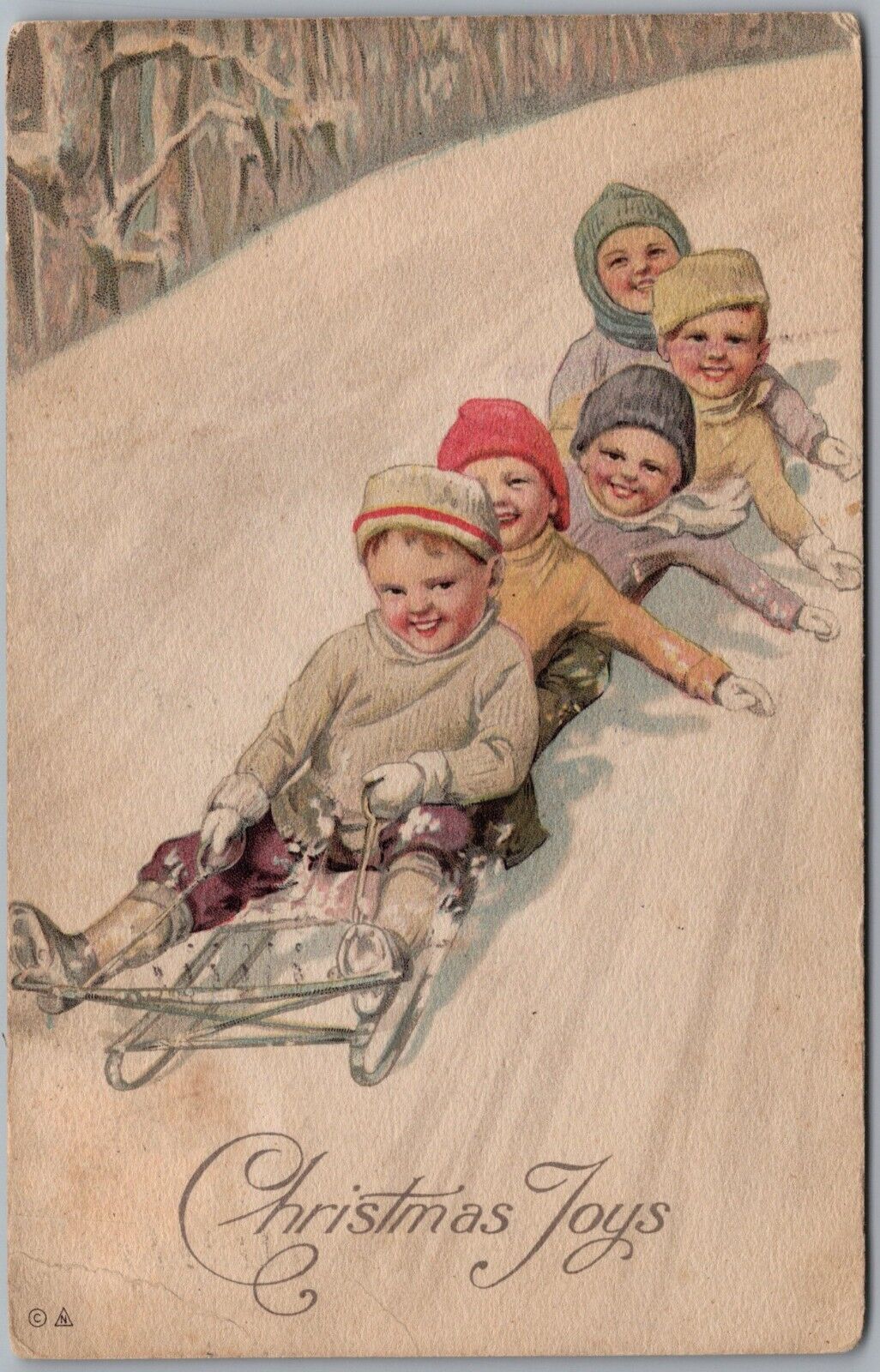 Christmas Joys Cute Children Sledding 1916 Buffalo NY Cancel Postcard W79
