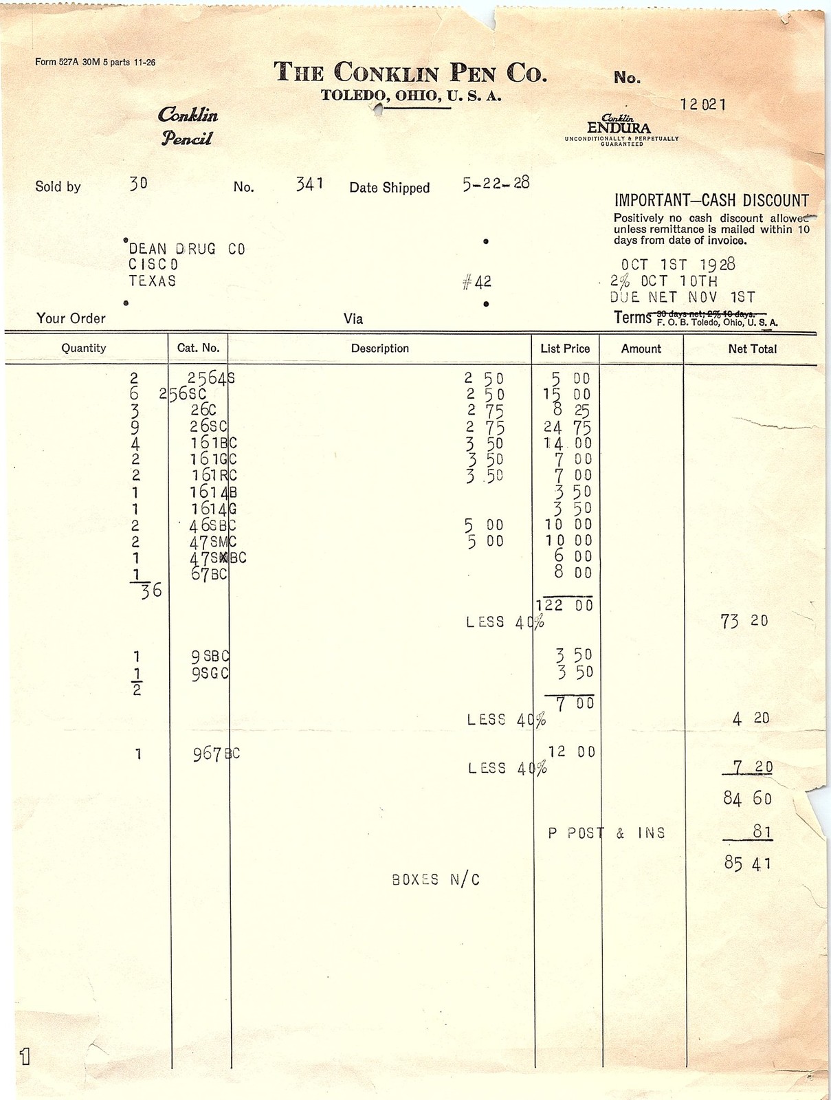 1928 Conklin Pen Co. vintage billhead/invoice