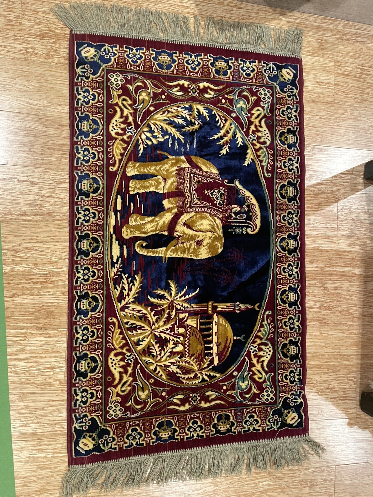 Velvet Prayer Rug Cotton on back Red Blue Gold Fringe 25 x 48 Vintage - Used 